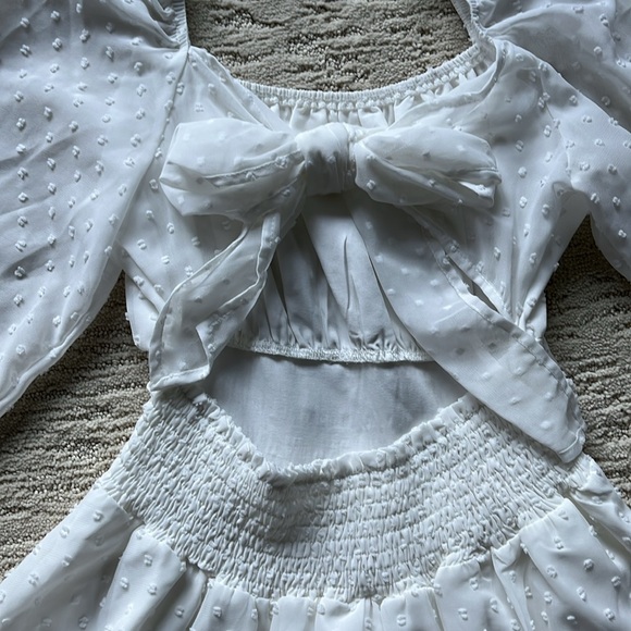 EXLURA Women‘s Tie Back Swiss Dot Square Neck Ruched Long Sleeve Ruffle Dress - Picture 9 of 11